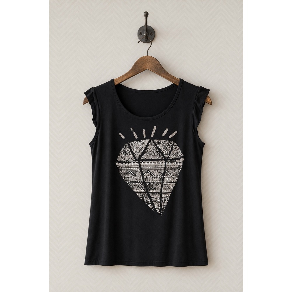 Charlotte Russe Graphic Tee Diamond Rhinestone Ruffle Sleeve Black Small